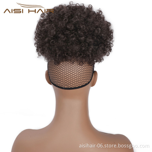 Aisi Hair New Design Kinky Curly Puff Brown Color Hair Bun With Bangs Afro Short Curly Synthetic Hair Extension For Black Women